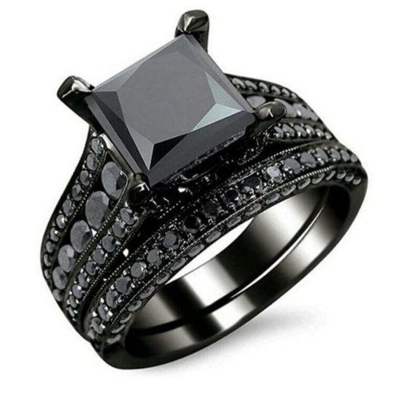 NEW Black Gray Gothic Engagement Ring Set - Picture 6 of 9